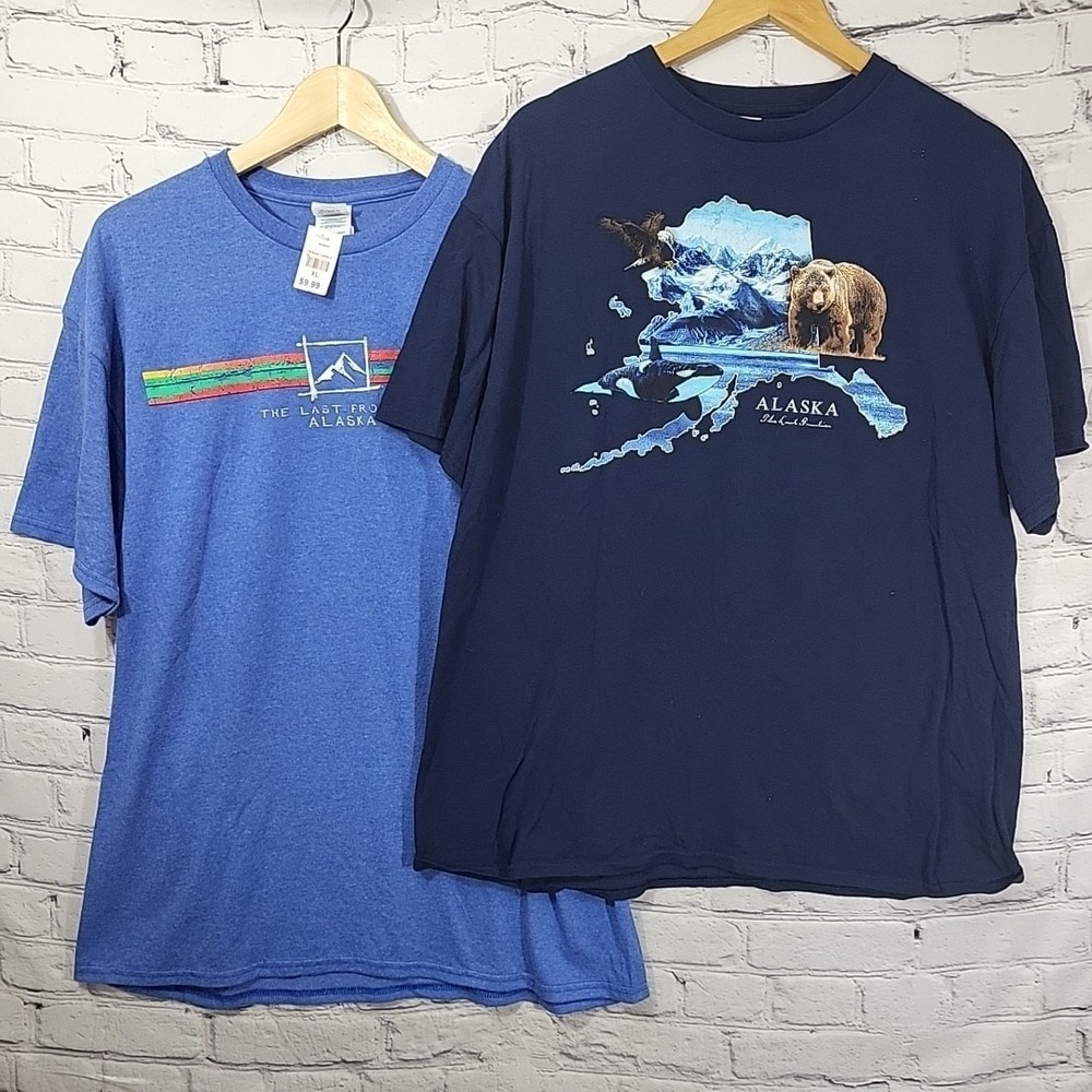 Alaska T-Shirts Mens Sz XL Blue Short Sleeve Delta Pro-Weight Tees Lot Of 2
